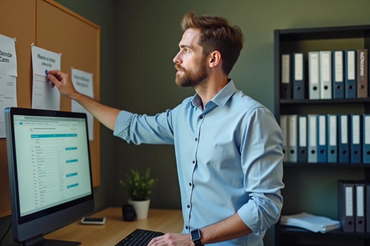 Homme consultant un relevé d'heures travaillées et un calendrier pour déterminer la base horaire applicable selon son contrat de travail