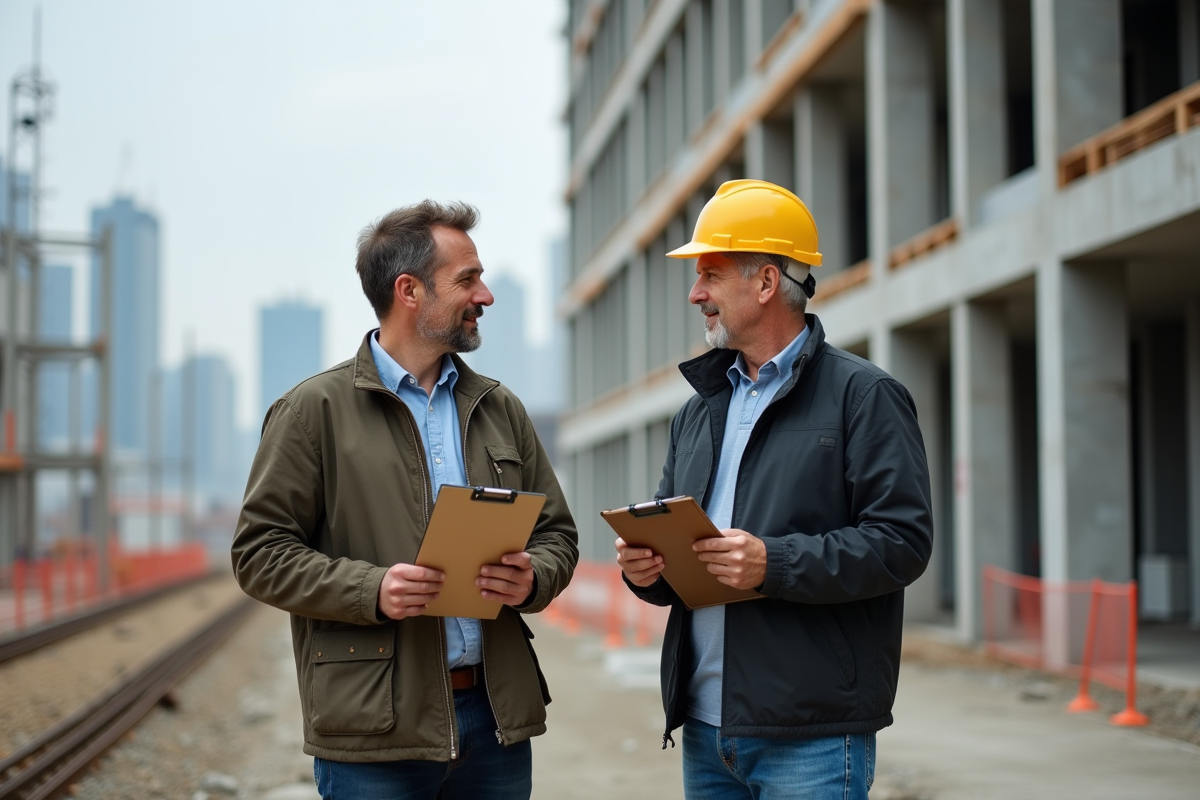 Homme en extérieur discutant sur un site de construction