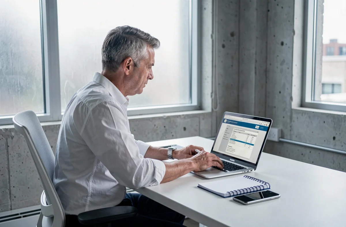 Homme consultant un modèle de contrat de bail pour bureau à domicile sur ordinateur portable