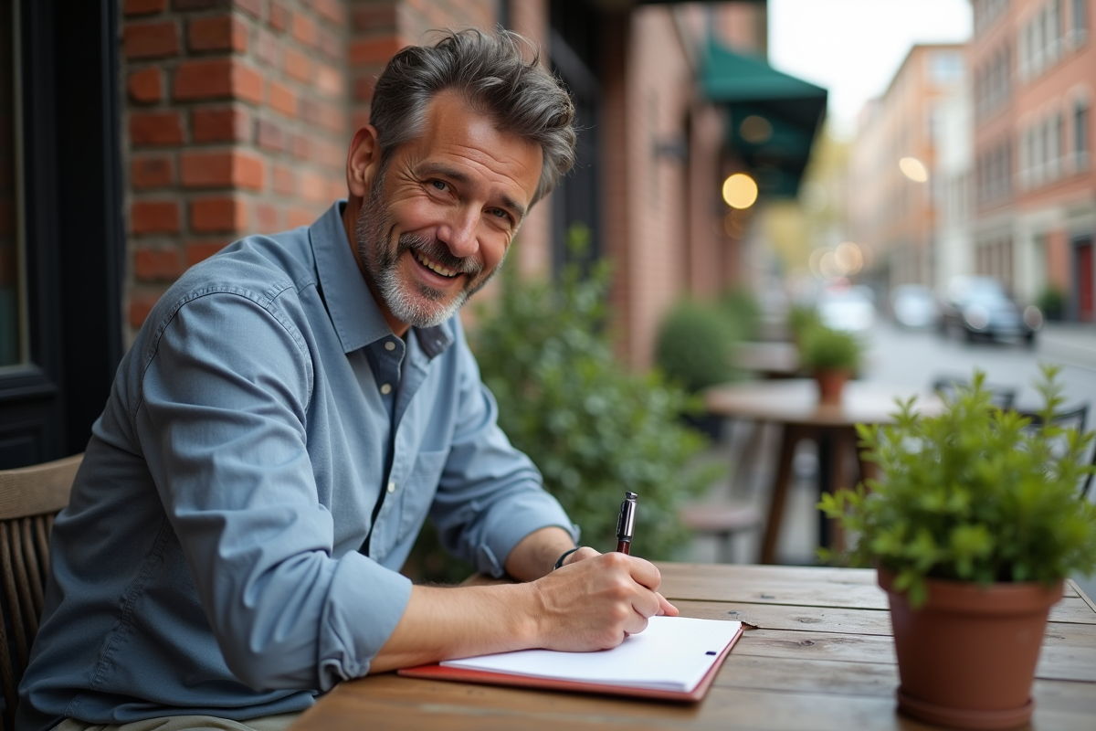 Homme entrepreneur écrivant dans un journal en terrasse