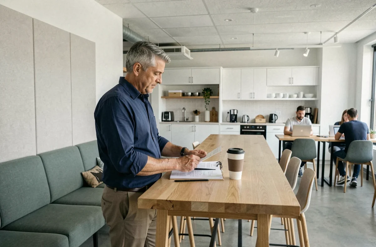 Homme indépendant debout à une table haute dans un espace de coworking lumineux avec cuisine partagée en arrière-plan