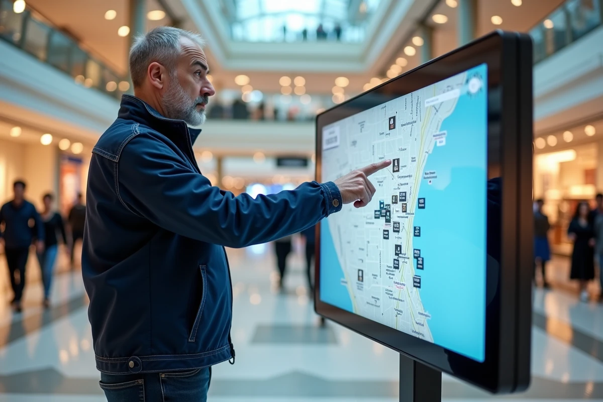 Homme consultant un plan interactif de centre commercial pour localiser une enseigne Shopping Pass