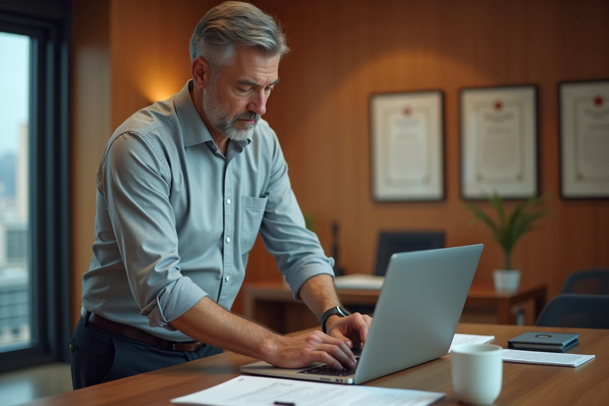 Homme en chemise rédigeant une note de service sur ordinateur portable dans un bureau privé