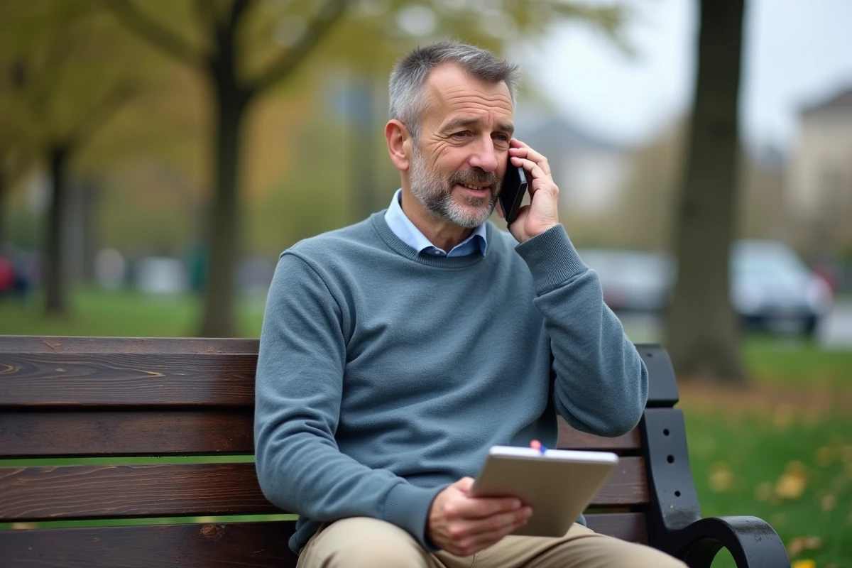 Homme dans un parc urbain parlant au téléphone avec un carnet