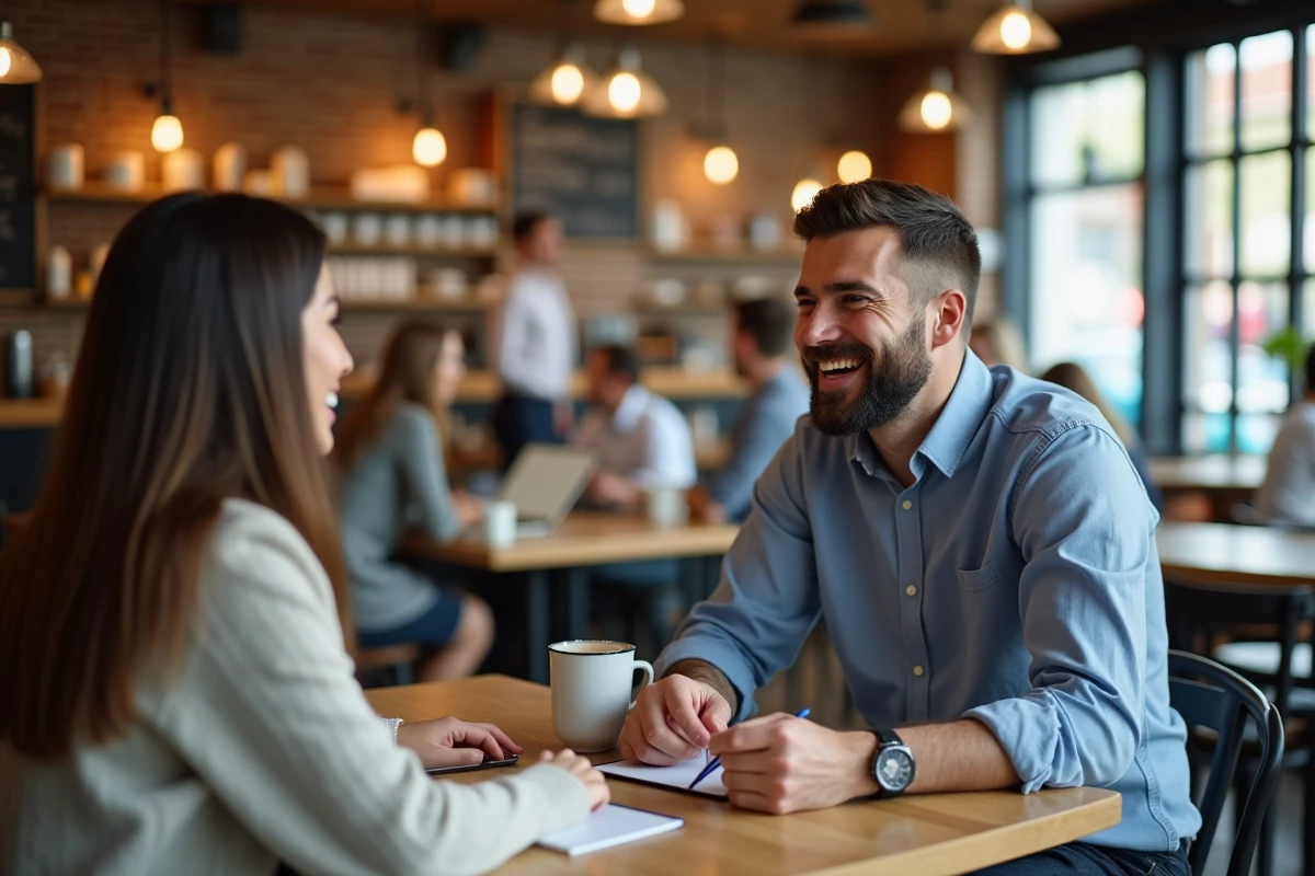 Homme saluant une cliente dans un café lumineux