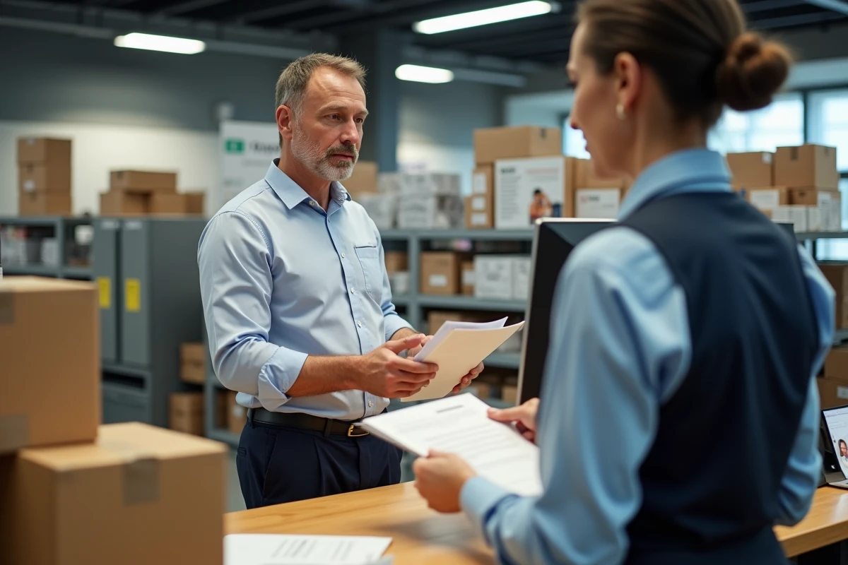 Homme présentant des documents à un agent dans un bureau d