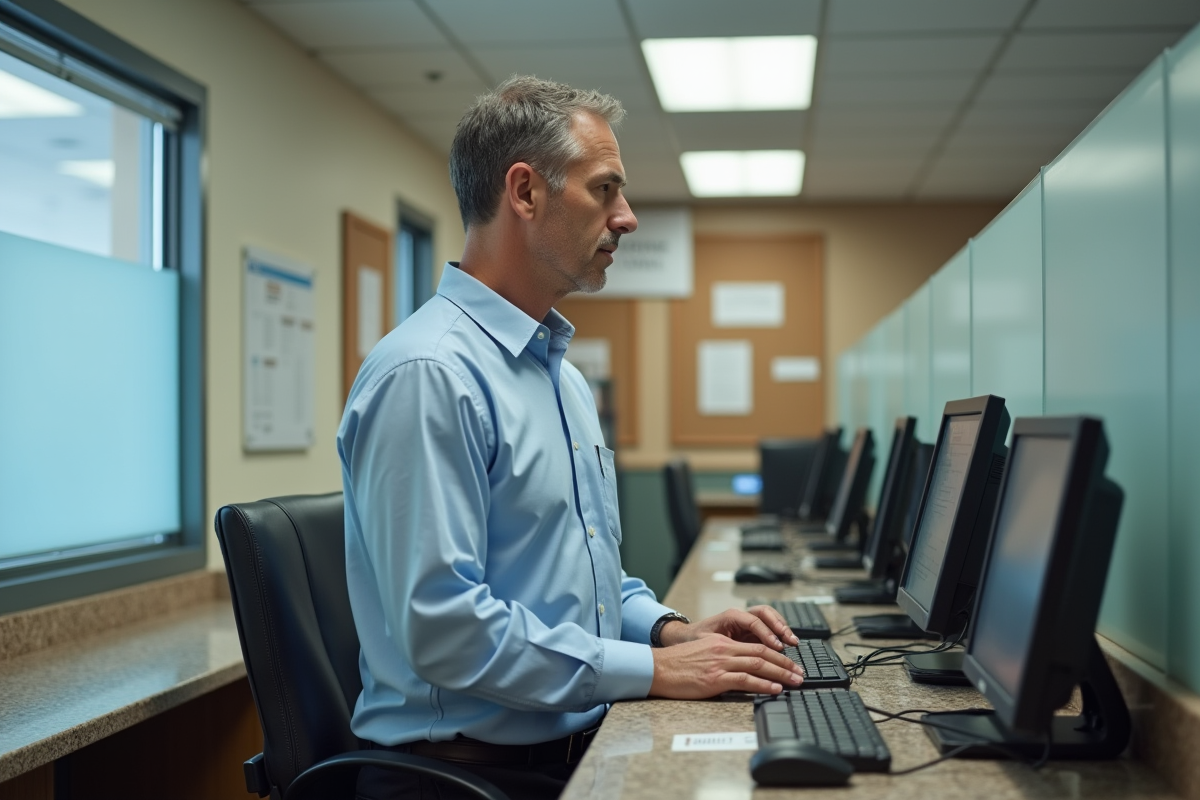Homme utilisant un ordinateur dans un bureau administratif
