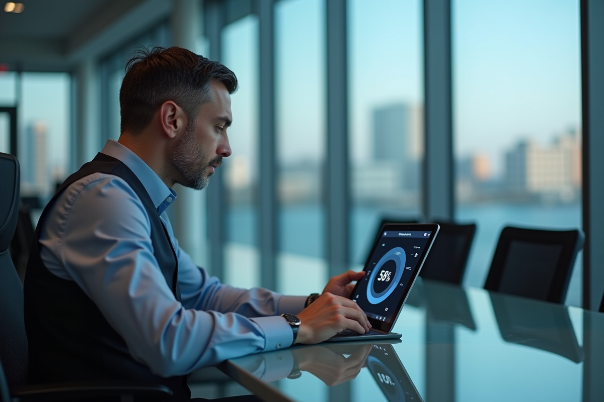 Homme d affaires utilisant une tablette dans un bureau moderne