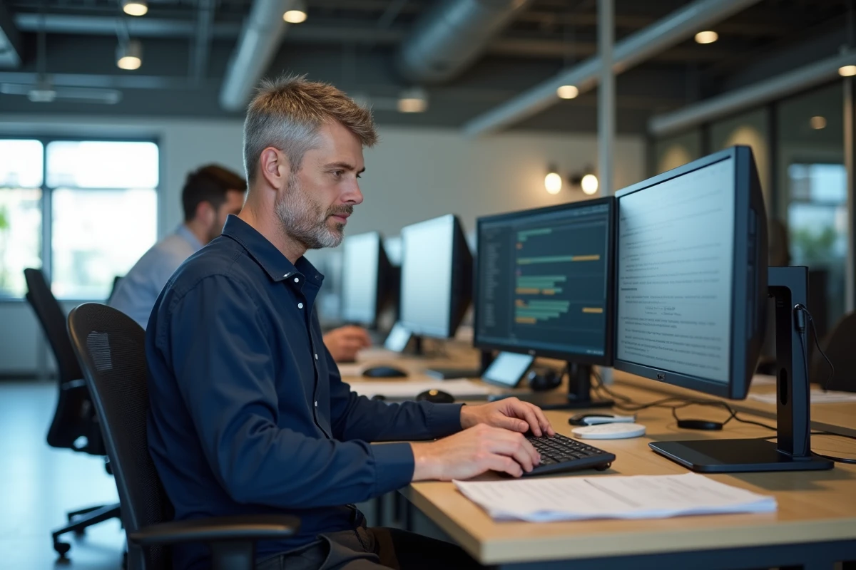 Homme en mode hybride dans un bureau partagé moderne, représentant le travail hybride en entreprise en France