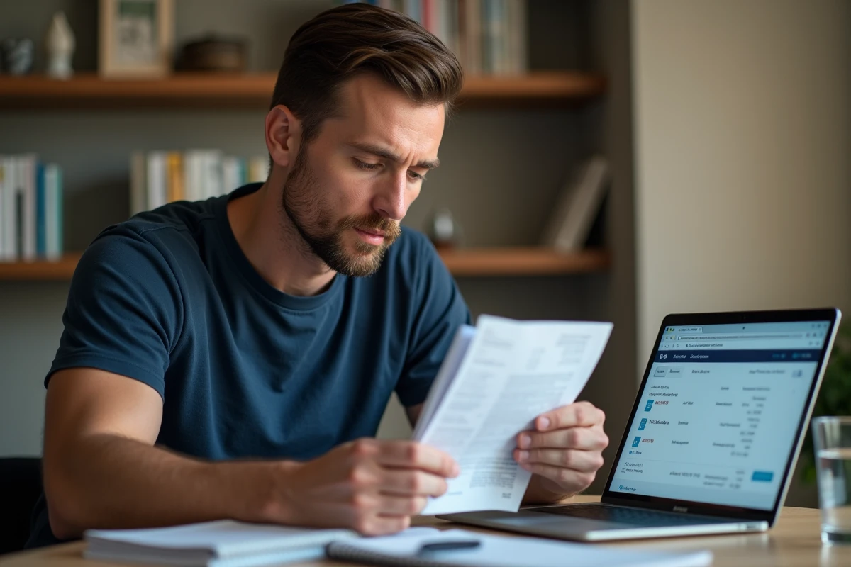 Homme vérifiant une transaction bancaire suspecte Infinite Remit Services Co sur ordinateur portable