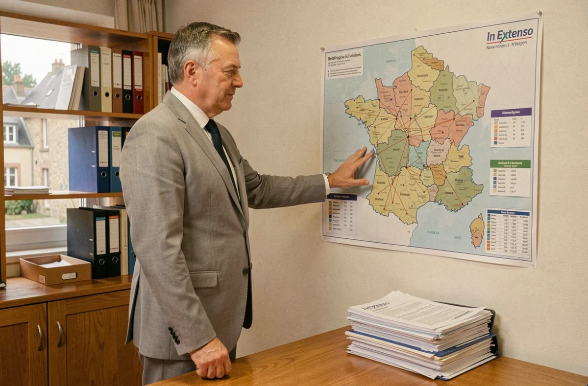 Expert-comptable du réseau In Extenso dans un bureau régional en Auvergne, présentant la couverture nationale du réseau sur une carte murale