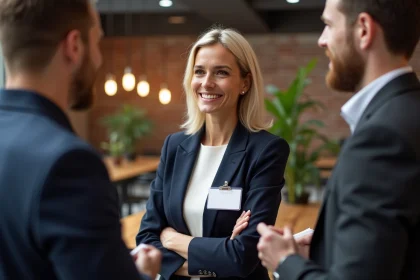 Femme indépendante en blazer marine participant à un événement réseau B2B gratuit dans un espace co-working moderne