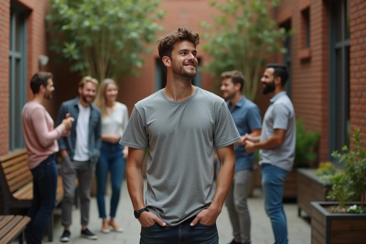 Jeune homme observant un groupe social en extérieur, symbolisant l'incompréhension de la notion d'appartenance au sein d'un groupe
