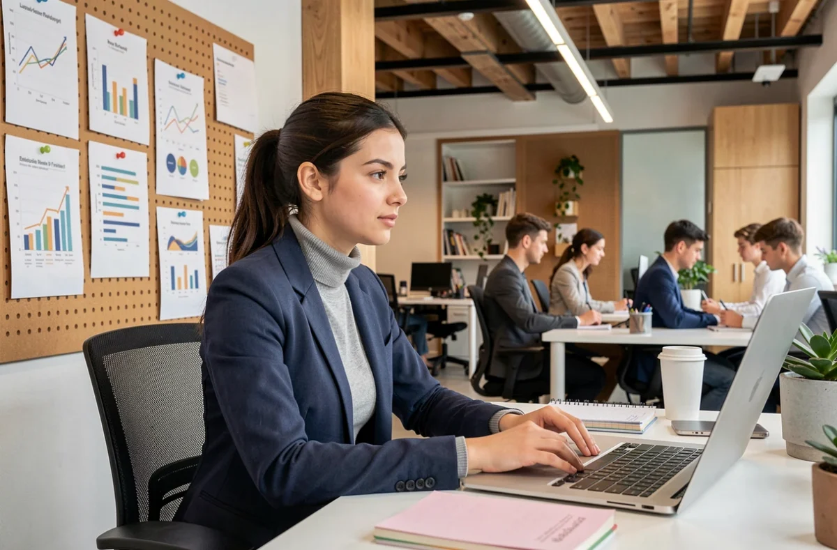 Jeune experte-comptable dynamique dans les locaux modernes d'Inelys Expertise à Lyon, cabinet en forte croissance avec une équipe jeune et engagée