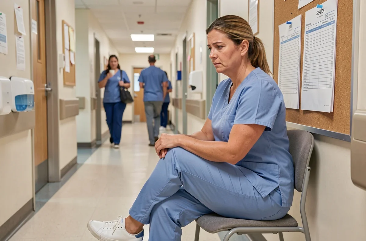 Infirmière en blouse bleue consultant un planning de travail affiché dans un couloir d'hôpital, illustrant les horaires longs en milieu médical
