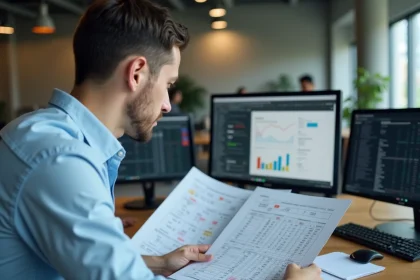 Ingénieur analysant des tableaux de l'index INSEE ING sur son bureau avec des feuilles de calcul annotées