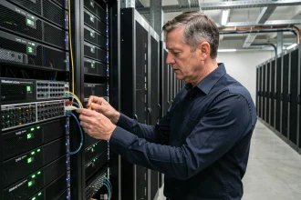 Ingénieur réseau inspectant un panneau de brassage fibre optique dans un datacenter multi-sites pour une connexion bi-accès centralisée