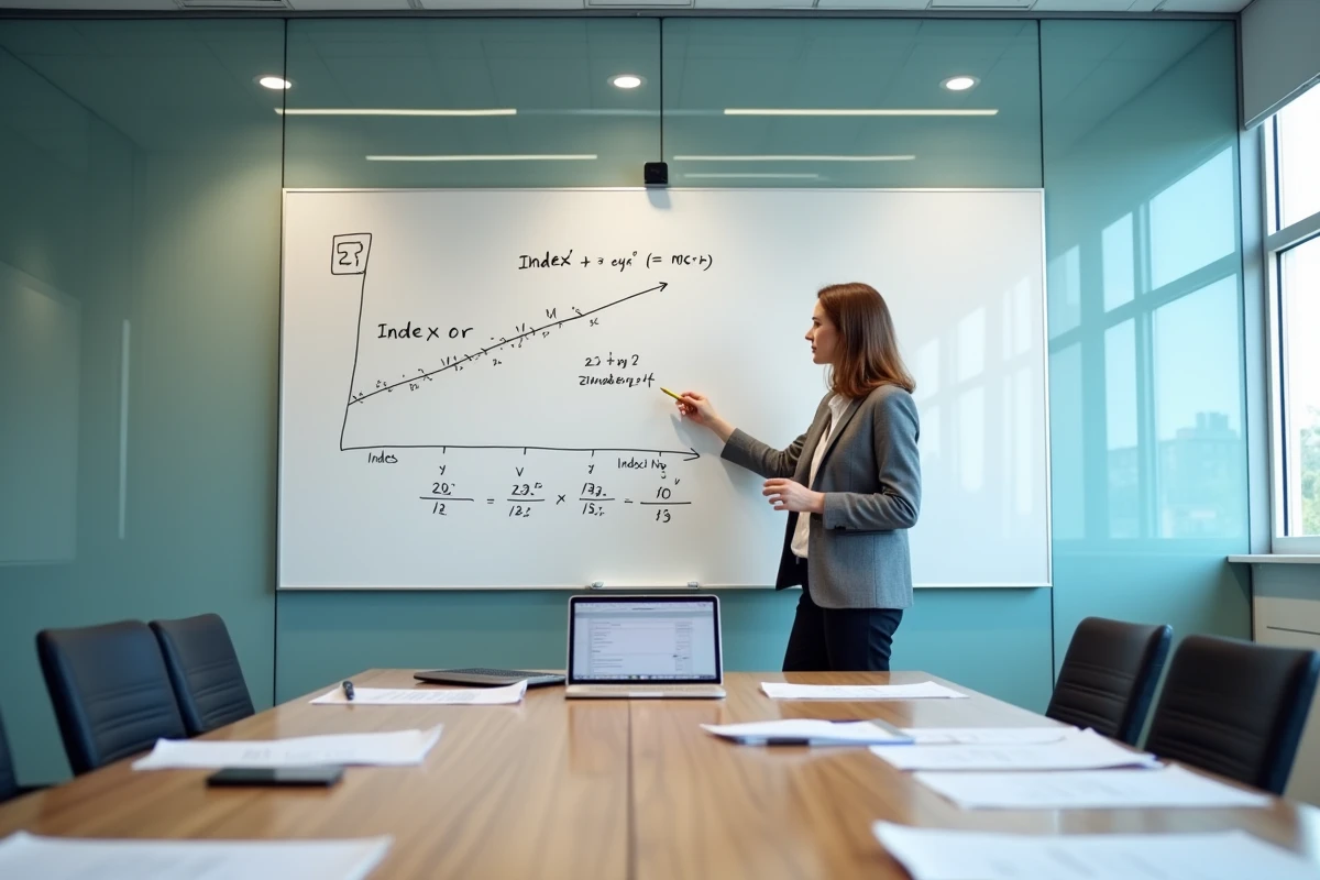Ingénieure présentant les formules de calcul de l'index ING INSEE sur un tableau blanc en salle de réunion