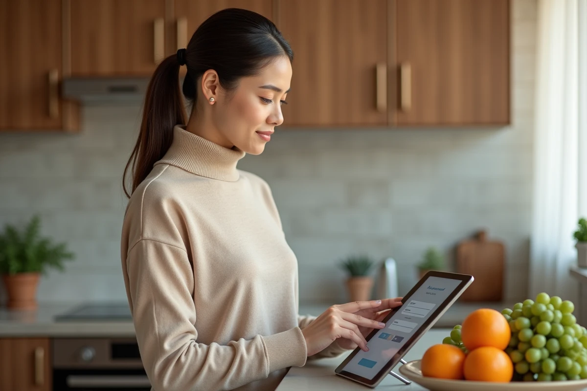 Jeune femme consultant la procédure d'inscription à l'espace Terciel mon compte sur une tablette dans sa cuisine
