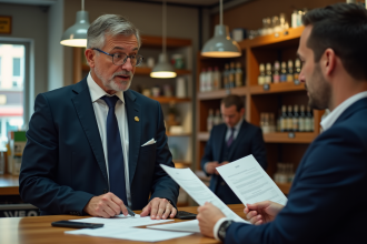 Inspecteur en costume navy examinant des documents dans une boutique