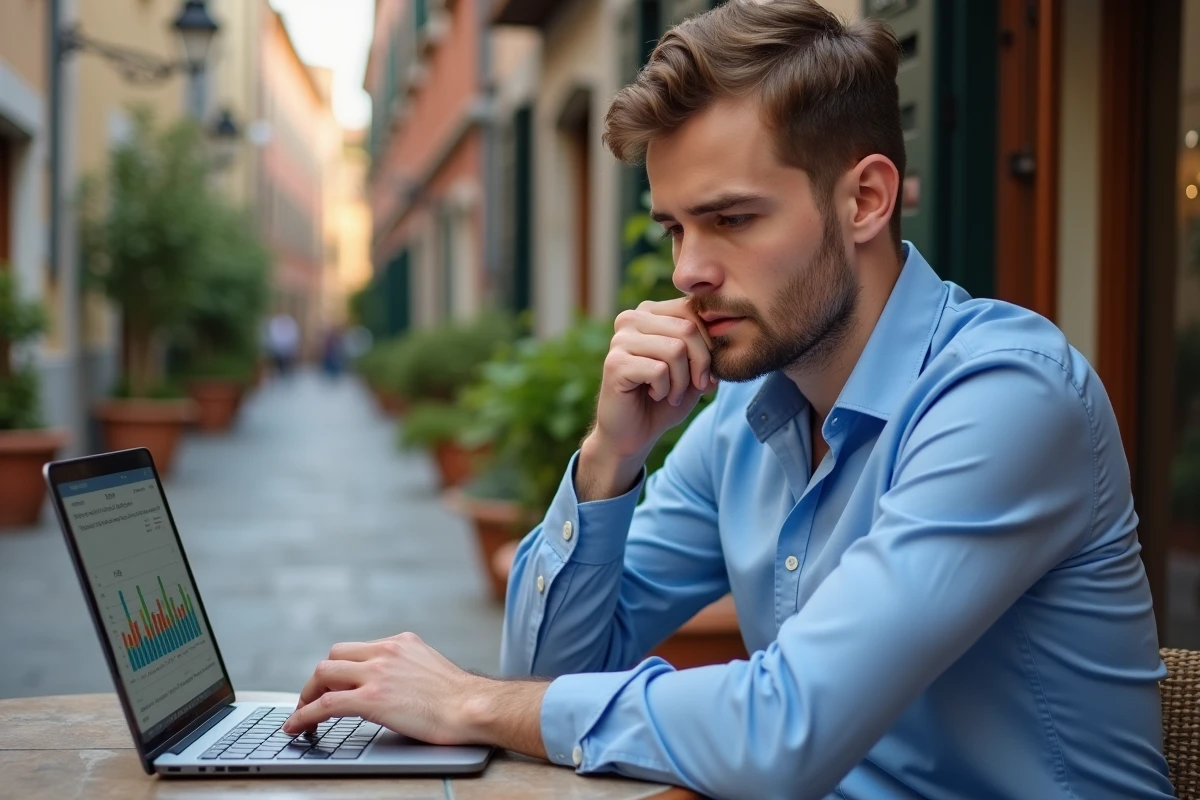 Jeune analyste municipal travaillant sur son ordinateur en terrasse