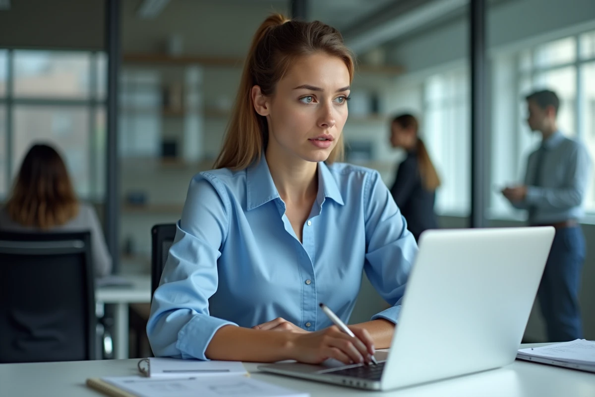 Jeune femme en bureau moderne avec ordinateur et bloc note