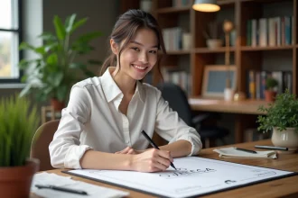 Jeune femme dessinant le logo Omega dans un studio créatif