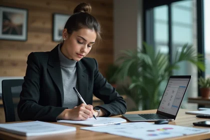 Jeune femme esquissant des wireframes dans un bureau moderne