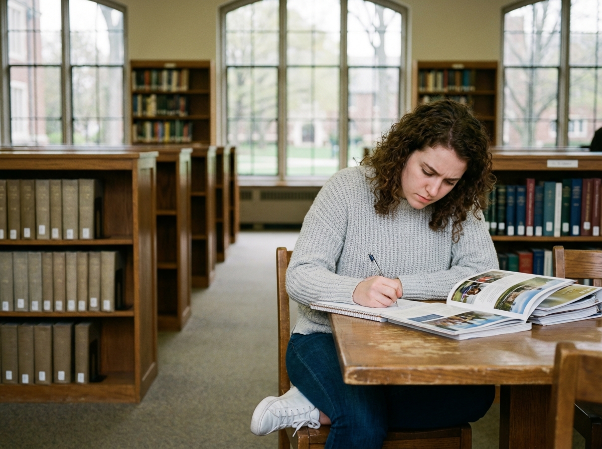 Jeune femme concentrée à la bibliothèque universitaire