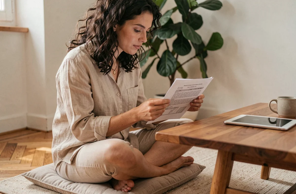 Jeune femme lisant un contrat de location de bureau à domicile assise sur un coussin de sol