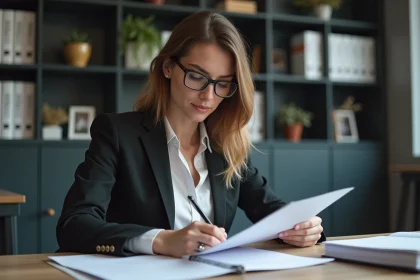Jeune femme signant des documents dans un bureau moderne