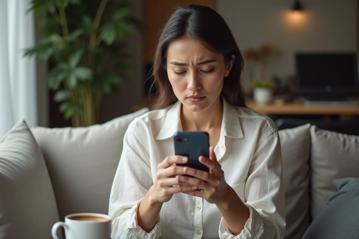 Jeune femme consultant son smartphone avec un message d'échec de connexion au compte MyPeopleDoc
