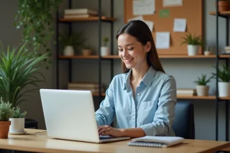 Jeune femme freelance souriante dans son bureau cosy