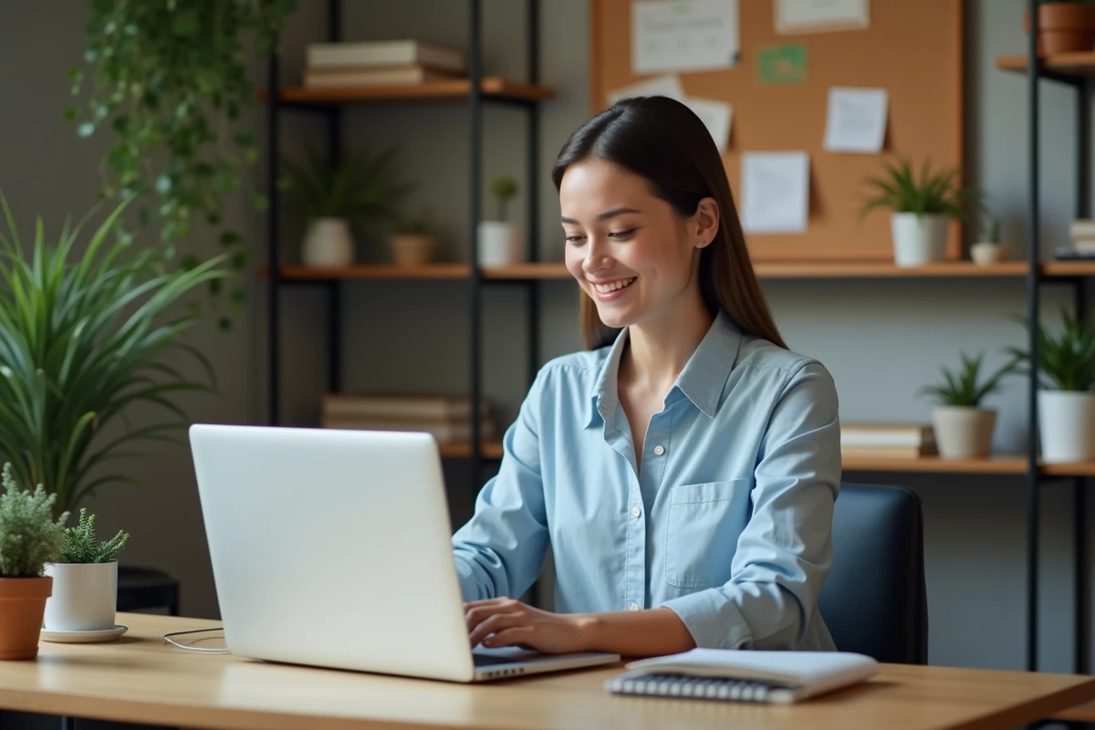 Jeune femme freelance souriante dans son bureau cosy