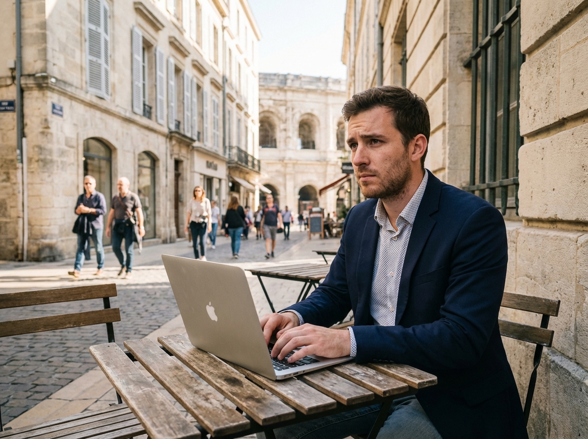 Jeune homme travaillant sur son ordinateur en terrasse