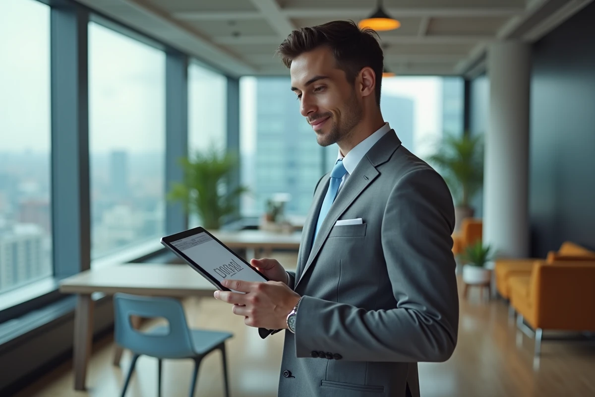 Jeune homme en costume discutant dans un espace coworking