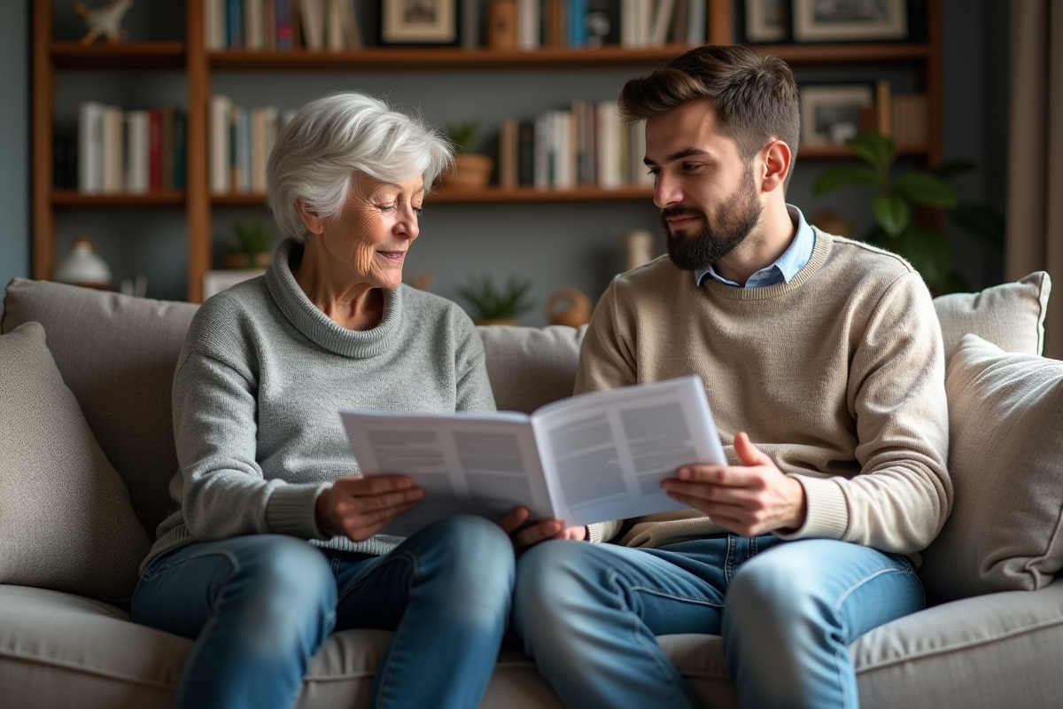 Jeune homme expliquant un pamphlet juridique à une femme âgée