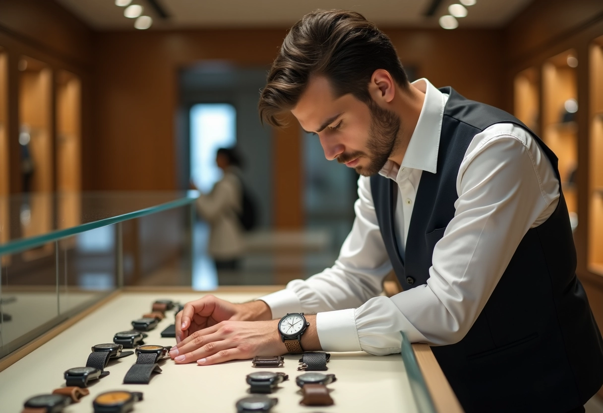 Jeune employé arrangeant des montres dans une vitrine de magasin