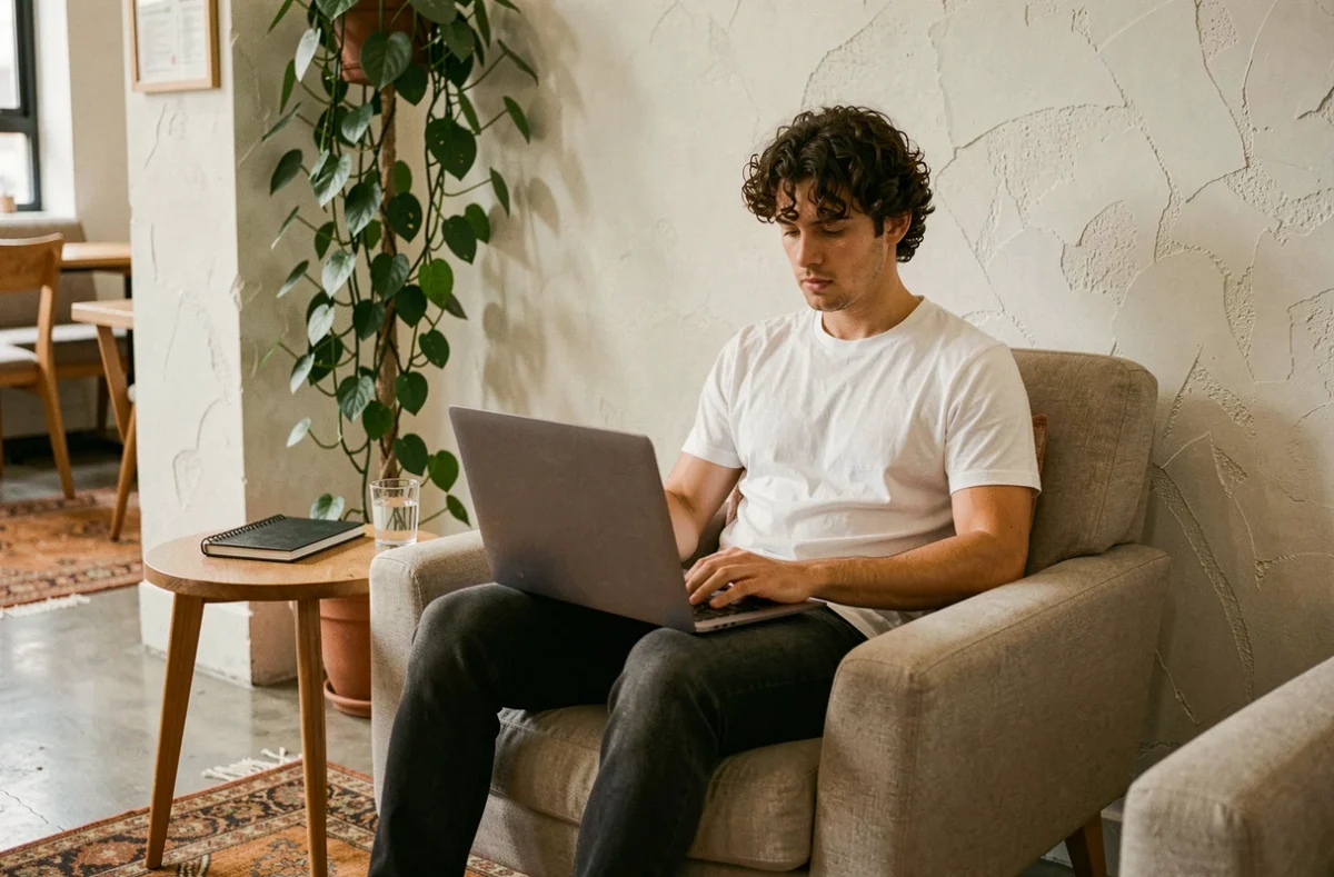 Jeune freelance installé dans un fauteuil confortable d'un espace de coworking flexible avec plante verte et sol en béton ciré