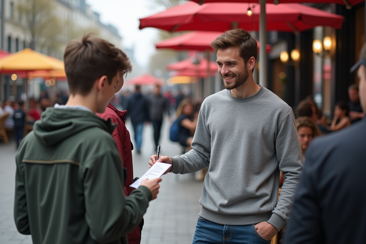 Jeune homme signant des autographes en extérieur