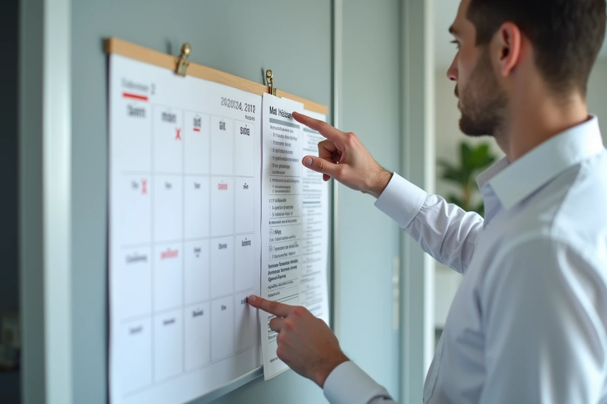 Un homme en chemise blanche pointe un jour férié en milieu de semaine sur un calendrier mural, avec un contrat épinglé à côté
