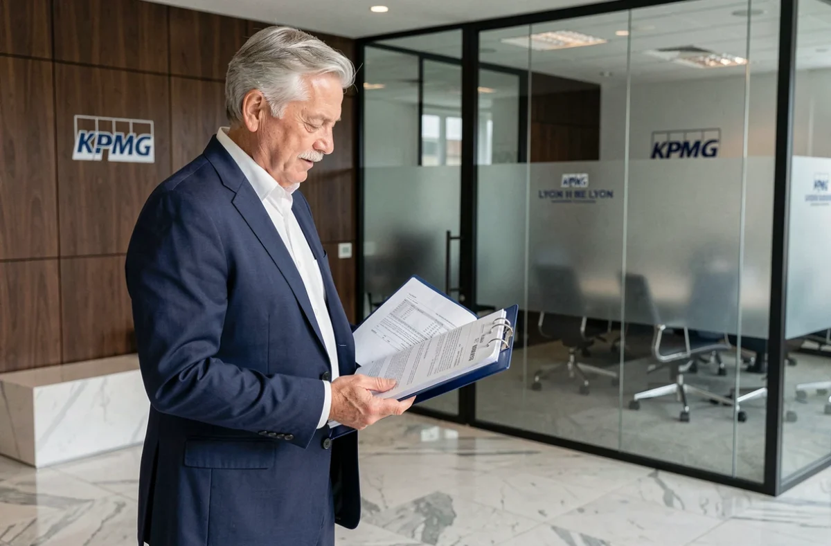 Expert-comptable senior en costume marine dans un grand cabinet d'audit et de conseil style KPMG à Lyon, consultant un rapport d'audit professionnel