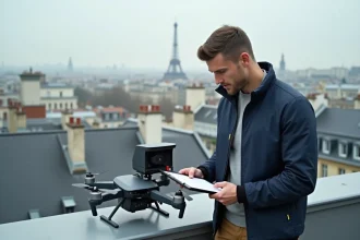 Livreur vérifiant un drone de livraison sur un toit parisien