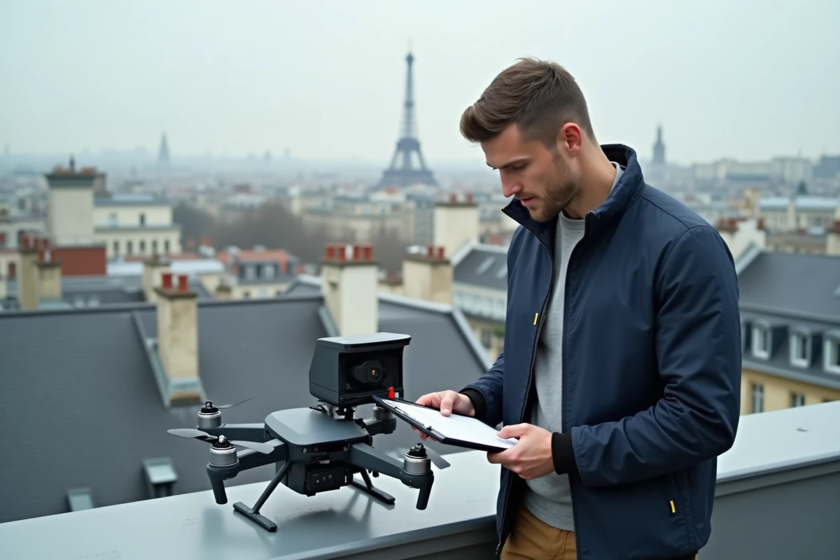 Livreur vérifiant un drone de livraison sur un toit parisien