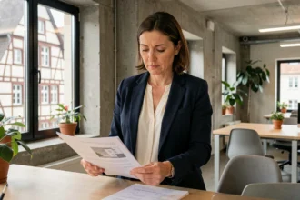 Professionnelle consultant des documents de location de bureau dans un espace de coworking moderne à Strasbourg