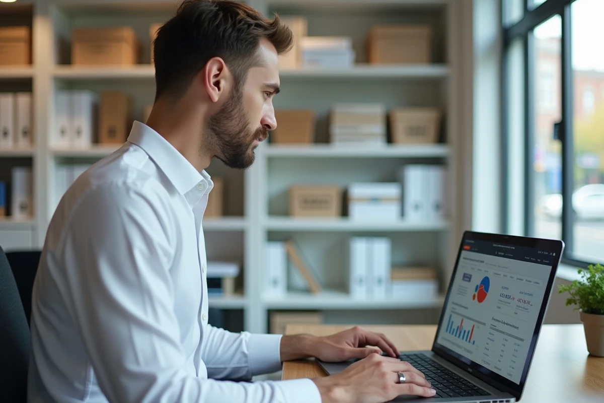 Manager de réseau de franchises consultant un logiciel de caisse centralisé sur ordinateur portable en back-office