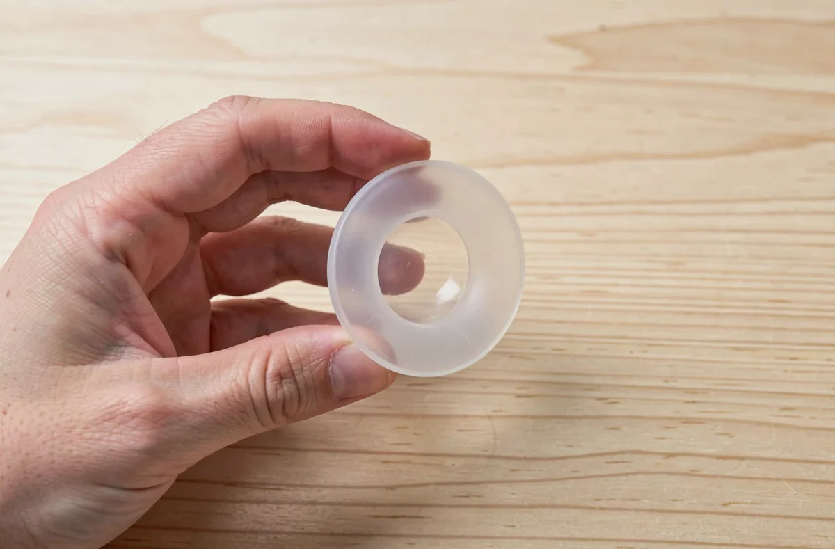 Main pliant une coupe menstruelle en C sur une table en bois