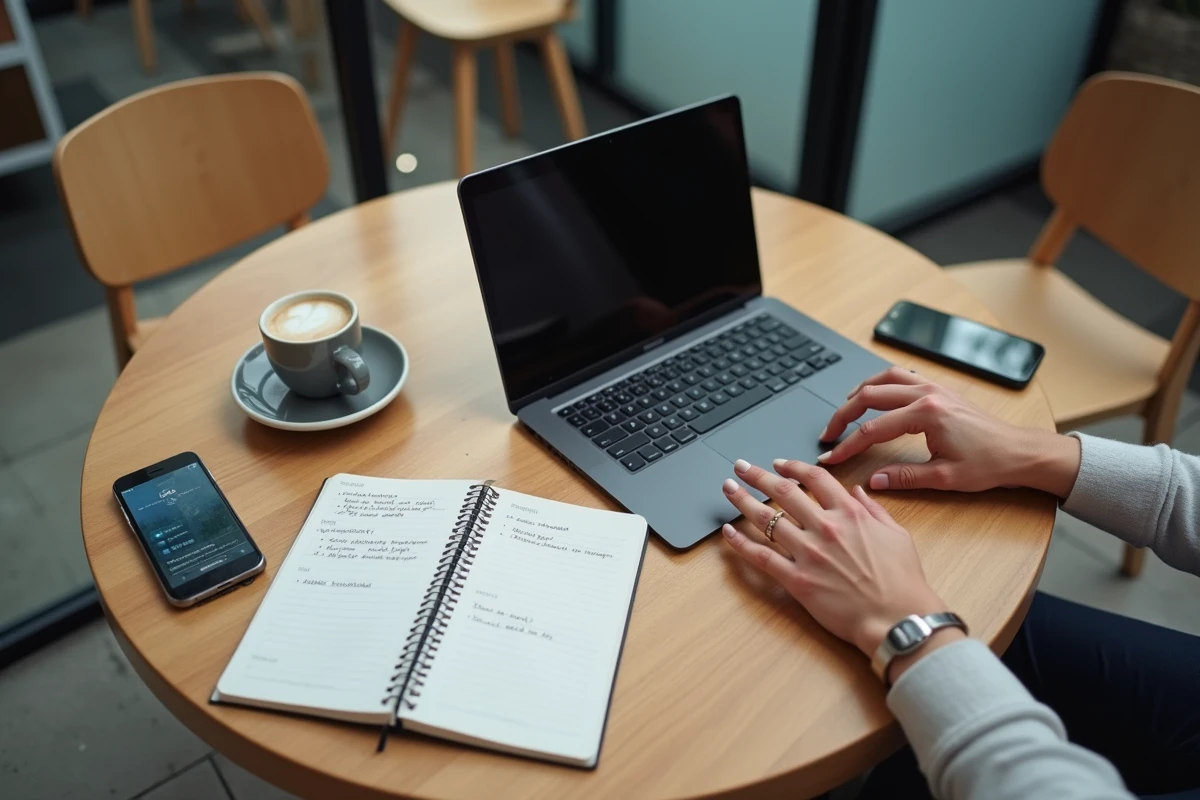 Mains tapant sur un ordinateur portable dans un café avec des notes business et un smartphone affichant un site web