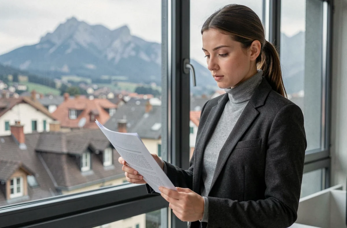 Maître Chloé Lemoine, avocate en droit du travail à Grenoble, consultant un dossier près d'une fenêtre avec vue sur la ville