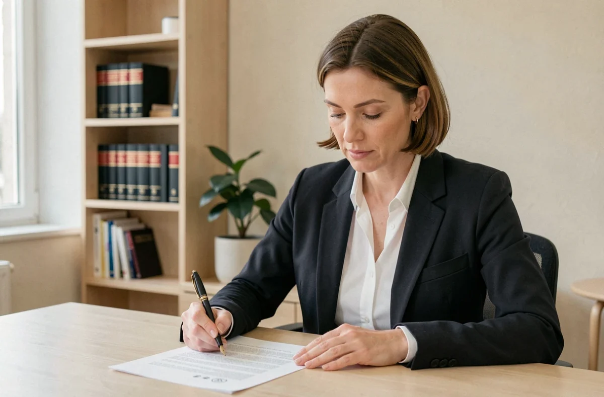Maître Marion Glasson, avocate au barreau de Grenoble, annotant un document juridique dans son cabinet